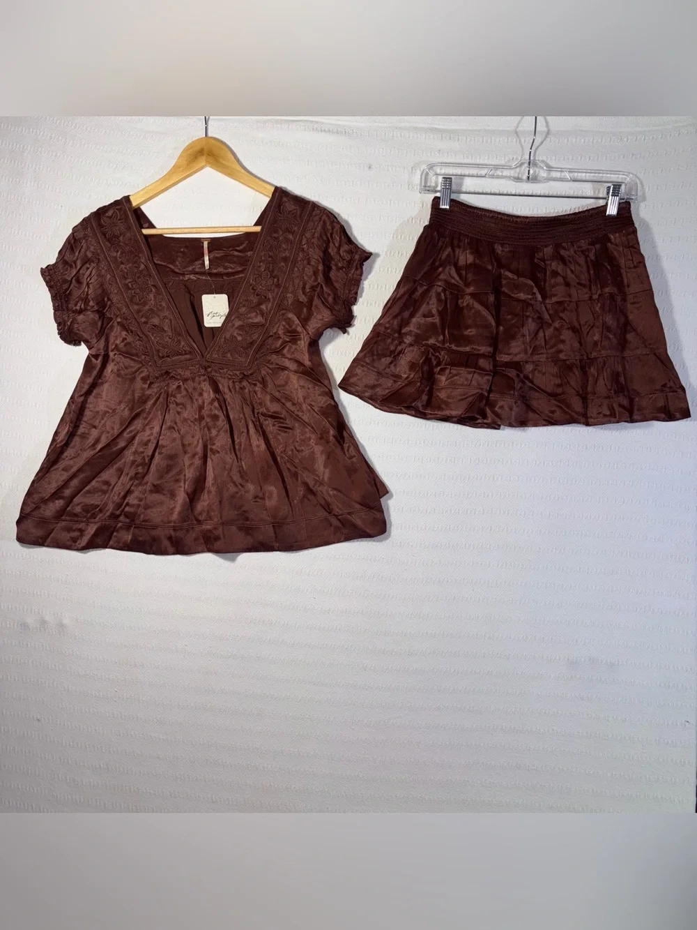 Free People Rivington Skirt Set Brown Sz S Embroidered Cottage Peasant Boho NWT